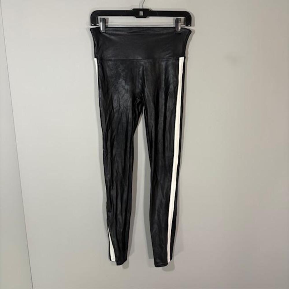Spanx Leggings Womens M Black Faux Leather High Rise Ankle Side Stripe 20187R